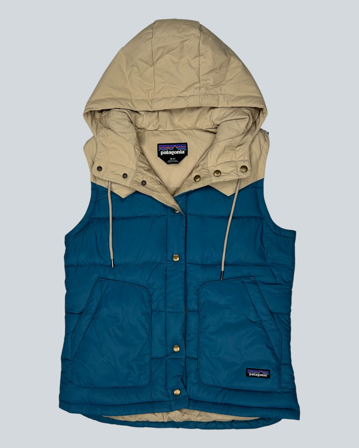 Patagonia Teal & Beige Hooded Puffer Vest